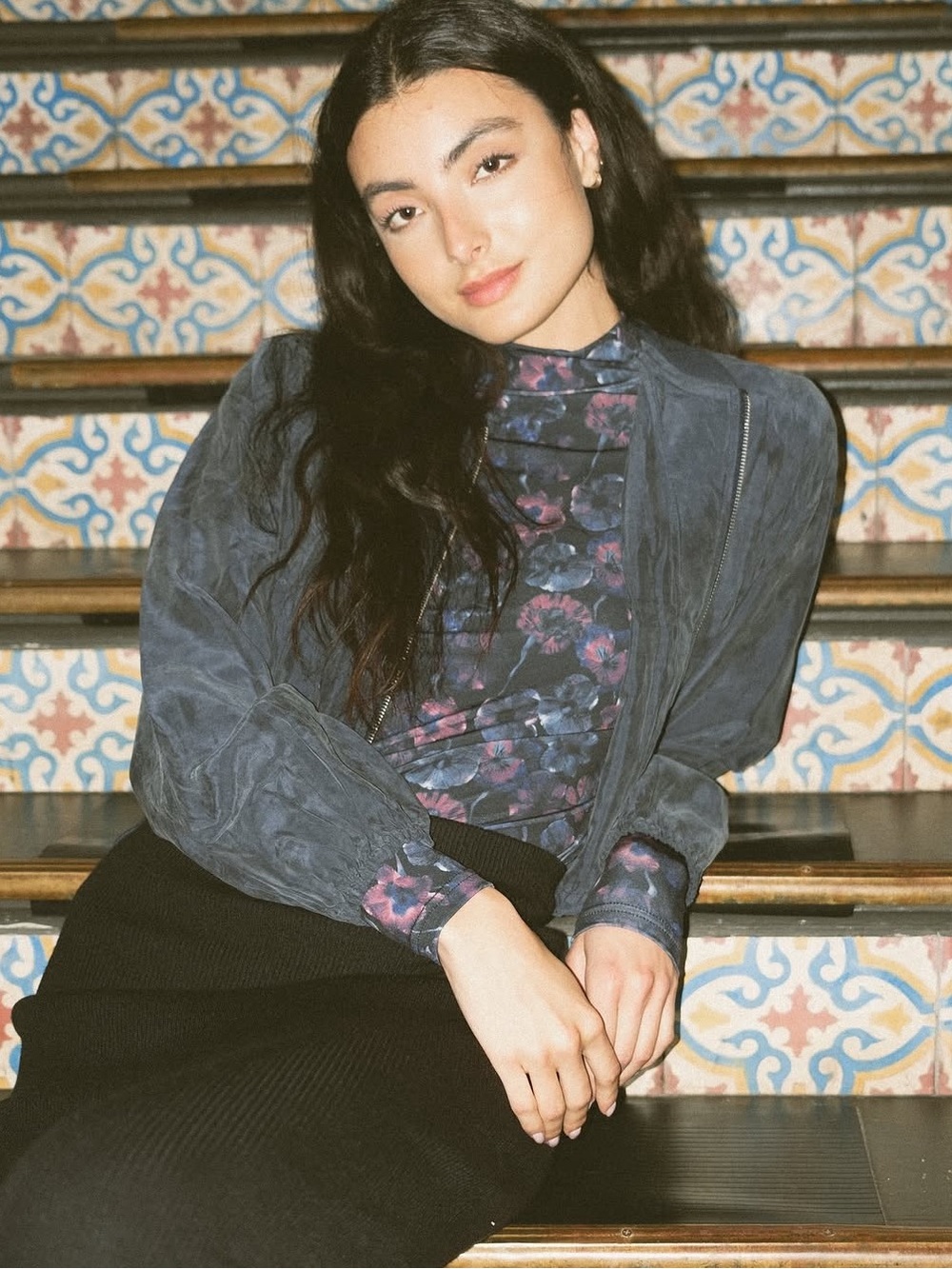 printed mock neck top (pattern different than stock photo)